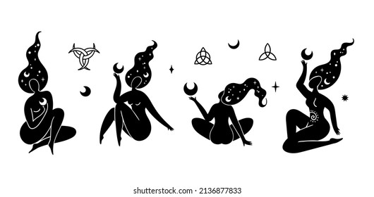 Moon Goddess isolated cliparts bundle, celestial women collection, Wiccan lunar goddess and moon symbols, mystical witches silhouette, esoteric objects - black and white vector