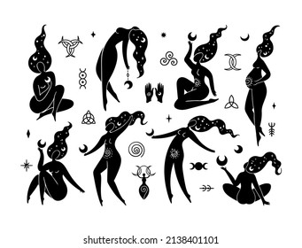 Moon Goddess isolated cliparts bundle, celestial women collection, Wiccan lunar goddess and moon symbols, mystical witches silhouette, esoteric objects - black and white vector