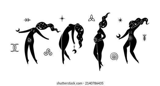 Moon Goddess isolated cliparts bundle, celestial women collection, Wiccan lunar goddess and moon symbols, mystical witches silhouette, esoteric objects - black and white vector