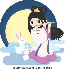 Moon  Goddess playing Bamboo Flute with White Rabbit