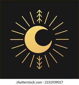 Moon gold style logo. Moon vector. Vector illustration element. Sketch drawing. Collection isolated vector. Boho tattoo art. Line art style.