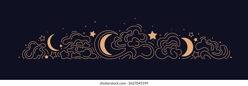 Lua, nuvens douradas, céu noturno. Linha fina de estrelas. Separador de tarô místico. Vetor gráfico bg. Resumo da fronteira celeste para embalagem de design, astrologia. Contorno editável
