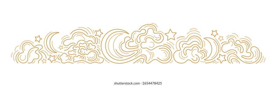 Moon, golden clouds, sky. Thin line of stars. Mystic tarot separator. Bohemian graphic vector backdrop. Abstract celestial border for design packaging, astrology. Editable contour