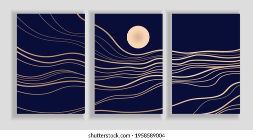 Moon and golden line background set in japanese style. Vector illustration.