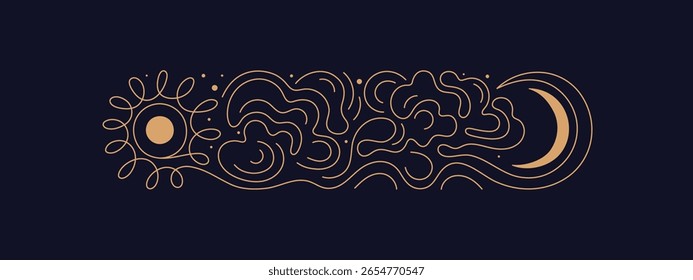 Moon, golden star, sun on night sky. Vector line illustration. Mystic tarot separator. Vintage graphic backdrop. Abstract celestial border for design packaging, astrology. Editable contour