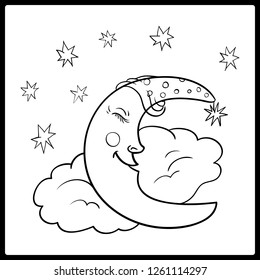 Moon, a graphical outline. Moon sleeping on a cloud with stars in the night sky. Vector illustration Cute cartoon  