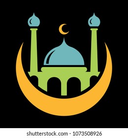 Moon With Green Mosque Silhouette