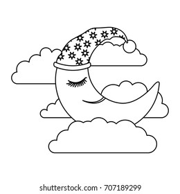 moon half caricature with sleeping cap into the clouds sketch silhouette on white background vector illustration