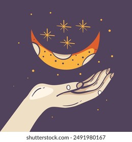 Moon half moon star night space sky isolated concept. Vector flat graphic design element illustration