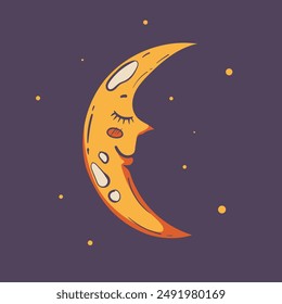 Moon half moon star night space sky isolated concept. Vector flat graphic design element illustration