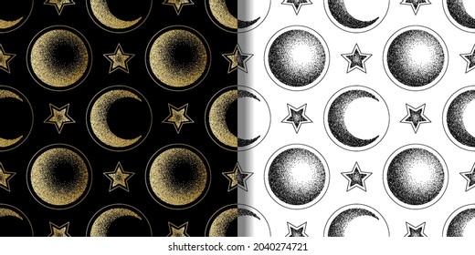 Moon, half moon and star seamless patterns set
