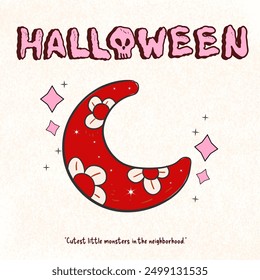 Mond Halloween Clipart, Niedlicher Spooky Ghost , Halloween , Retro Vintage Halloween , Koketteclipart, Kuchen Halloween, handgezeichnete Ikonen und Illustrationen, Mondzeichnung