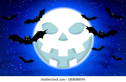 Moon with halloween face and bats, vector art illustration.