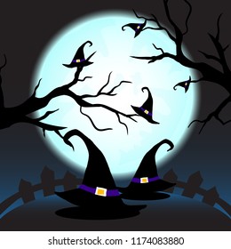 Moon in Halloween night with a witch hat on a demon tree.