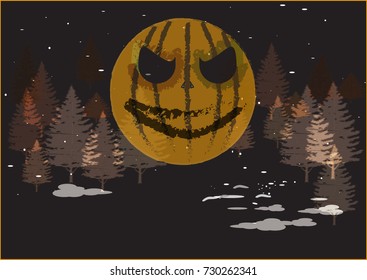 Moon in Halloween pumpkin shape shining above the dark wood.Pumpkin float above the sky in the wood.
