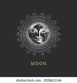 Moon in halo, hand drawn in engraving style. Vector graphic retro illustration. Vintage pastiche of esoteric and occult sign.