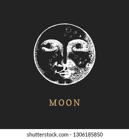 The Moon, hand drawn in engraving style on black background. Vector graphic retro illustration.