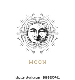 Moon, hand drawn in engraving style. Vector graphic retro illustration. Vintage pastiche of esoteric and occult sign.