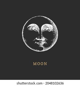 Moon, hand drawn illustration. Vector drawing in engraving style. Vintage pastiche of esoteric and occult sign.