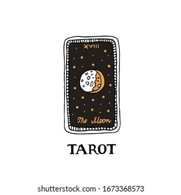 The Moon. Hand drawn major arcana tarot card template. Tarot vector illustration in vintage style with mystic symbols and line art stars. Witchcraft concept for tarot readers