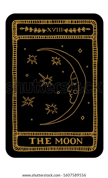 月 手描きの大手アルカナタロットカードテンプレート 神秘的なシンボル 結晶 ラインアートの星を使ったビンテージスタイルのタロットベクターイラスト タロット読者向けの魔法のコンセプト のベクター画像素材 ロイヤリティフリー