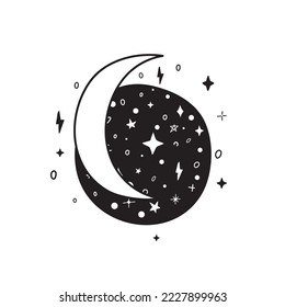 Mond, handgezeichnet auf weißem Hintergrund. Abstrakter handgezeichneter Mond. mit Sternen.