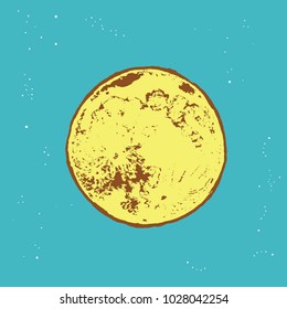 Moon hand drawn with starry. Background night sky. Lunar design in doodle style.
