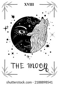 The moon hand drawn tarot card. Vector illustration with moon and wolf. Witchcraft concept for tarot readers