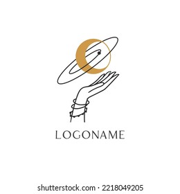 Moon in hand gold Mystical logo. Vector Illustration. Minimalist Line art Style. Boho, Esoteric. Bohemian Logo Designs.