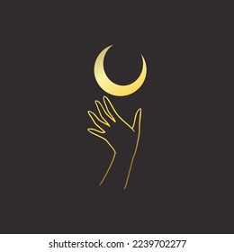 Moon in hand. gold Mystical logo. Vector Illustration. Minimalist Line art Style. Boho, Esoteric. Bohemian Logo Designs.