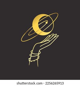 Moon in hand gold Mystical logo. Vector Illustration. Minimalist Line art Style. Boho, Esoteric. Bohemian Logo Designs.