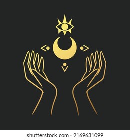 Moon with hand in gold style logo. Moon vector. Vector illustration element. Sketch drawing. Collection isolated vector. Boho tattoo art. Line art style.
