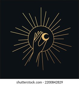 Moon with hand in gold style logo. Moon vector. Vector illustration element. Sketch drawing. Collection isolated vector. Boho tattoo art. Line art style.