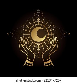 Moon with hand in gold style logo. Moon vector. Vector illustration element. Sketch drawing. Collection isolated vector. Boho tattoo art. Line art style.