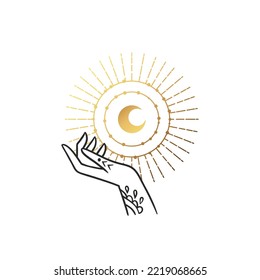 Moon with hand in gold style logo. Moon vector. Vector illustration element. Sketch drawing. Collection isolated vector. Boho tattoo art. Line art style.