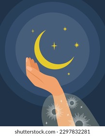 Moon in hand on a dark blue background. Composition in celestial style. Vector illustration.