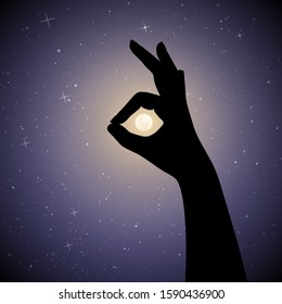 Moon in hand on starry background. Romantic vector illustration with hand silhouette and Earth satellite on starry background. OK or excellence gesture. Full moon in starry sky
