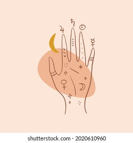 Moon and hand sacred geometry poster. Modern abstract art print. Cosmic minimalistic scene. Isolated elements. Vector illustration