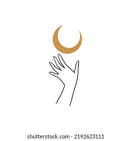 Moon in hands gold Mystical logo. Vector Illustration. Minimalist Line art Style. Boho, Esoteric. Bohemian Logo Designs.