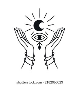 Moon in hands Mystical logo. Vector Illustration. Minimalist Line art Style. Boho, Esoteric. Bohemian Logo Designs.