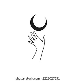 Moon in hands Mystical logo. Vector Illustration. Minimalist Line art Style. Boho, Esoteric. Bohemian Logo Designs.