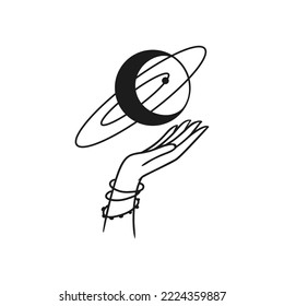 Luna en las manos Logo místico. Ilustración vectorial. Estilo de arte de línea minimalista. Boho, Esoteric. Diseños de logotipos bohemios.