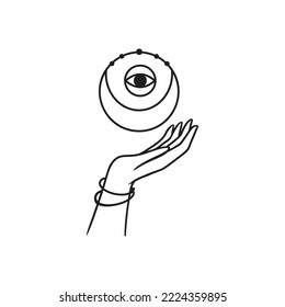 Luna en las manos Logo místico. Ilustración vectorial. Estilo de arte de línea minimalista. Boho, Esoteric. Diseños de logotipos bohemios.