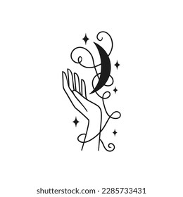 Moon in hands Mystical logo. Vector Illustration. Minimalist Line art Style. Boho, Esoteric. Bohemian Logo Designs.