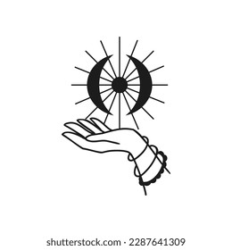 Moon in hands Mystical logo. Vector Illustration. Minimalist Line art Style. Boho, Esoteric. Bohemian Logo Designs.