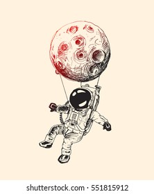 Moon hanging astronauts space mission, Hand Drawn Sketch Vector illustration.