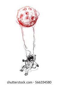 Moon hanging astronauts space mission, Hand Drawn Sketch Vector illustration.