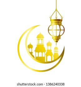 moon hanging with ramadan kareem mosque buildings