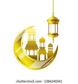 moon hanging with ramadan kareem mosque buildings