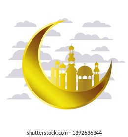 moon hanging with ramadan kareem mosque buildings